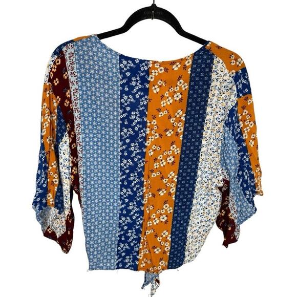 Blue and orange Boho patchwork floral tie front blouse - medium - Picture 2 of 3